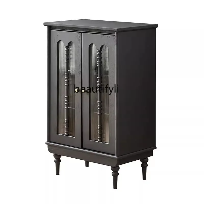 

Retro French solid wood wine cabinet American storage storage cabinet glass integrated side cabinet against the wall