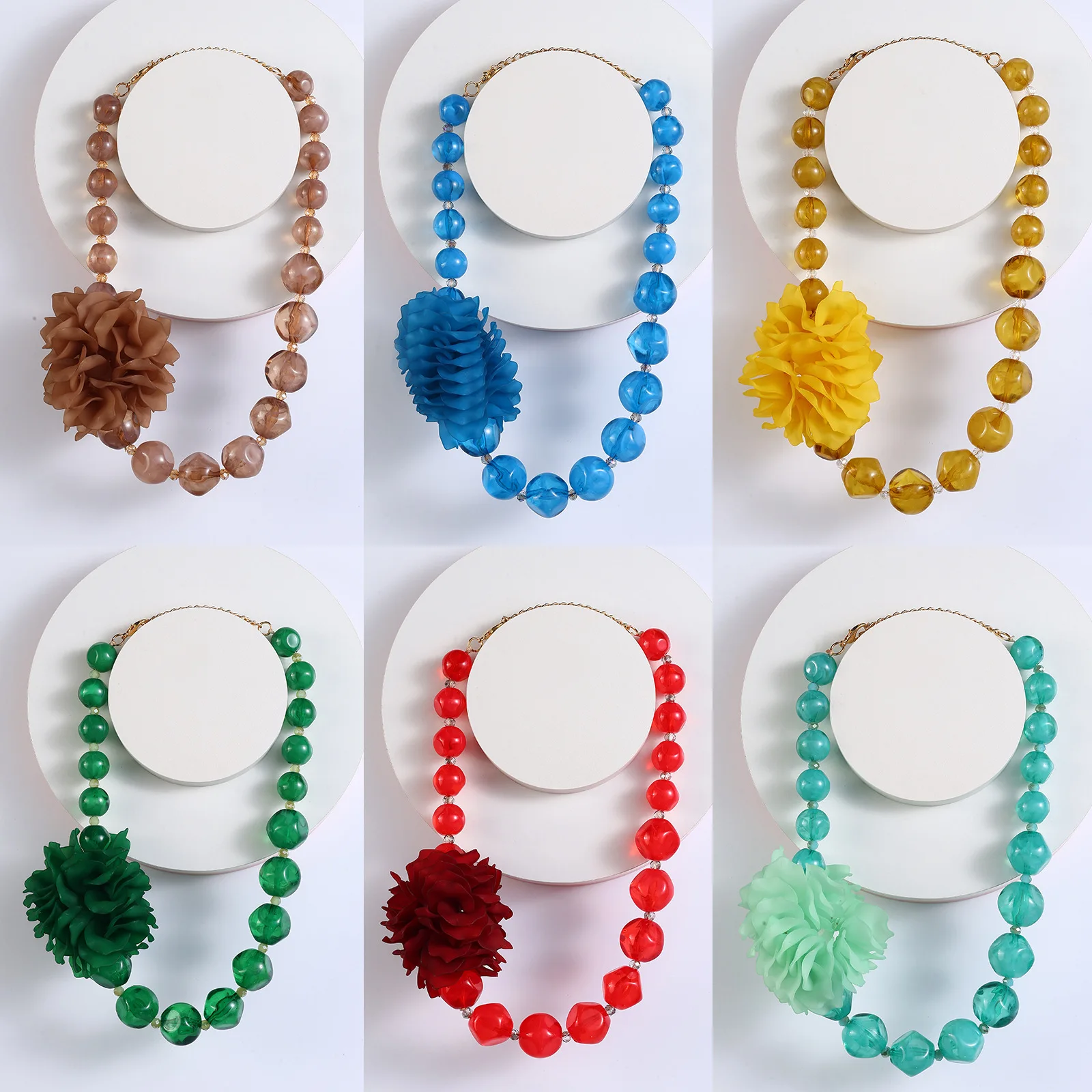 

DIY accessories Cross-border hot-selling acrylic colored flower necklace, multi-layer stacked fashion round bead collarbone chai