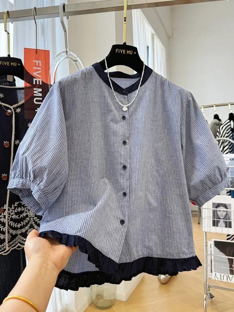 

plus Size 300 Pounds Short Sleeve Shirt Men's Summer New Color Block Stripes Top Wood Bells American Style Thin Cool Fee...