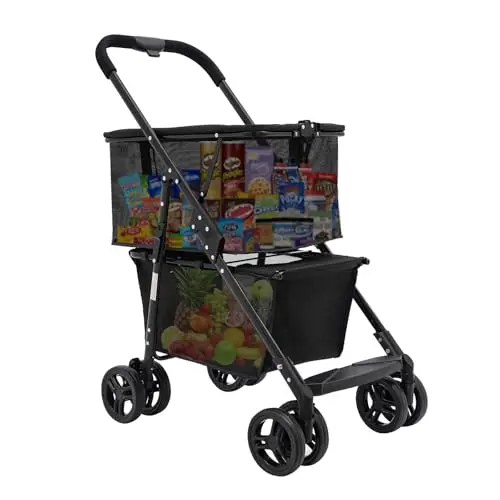 Folding Shopping Cart, 360°Swivel Wheels Collapsible Shopping Carts