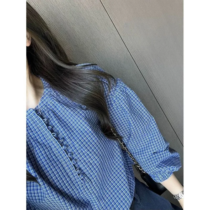 Women Clothing Spring Summer Korean Simplicity Button Plaid Solid Color Pullover Ladies All-match Appear Thin Long Sleeve Shirt