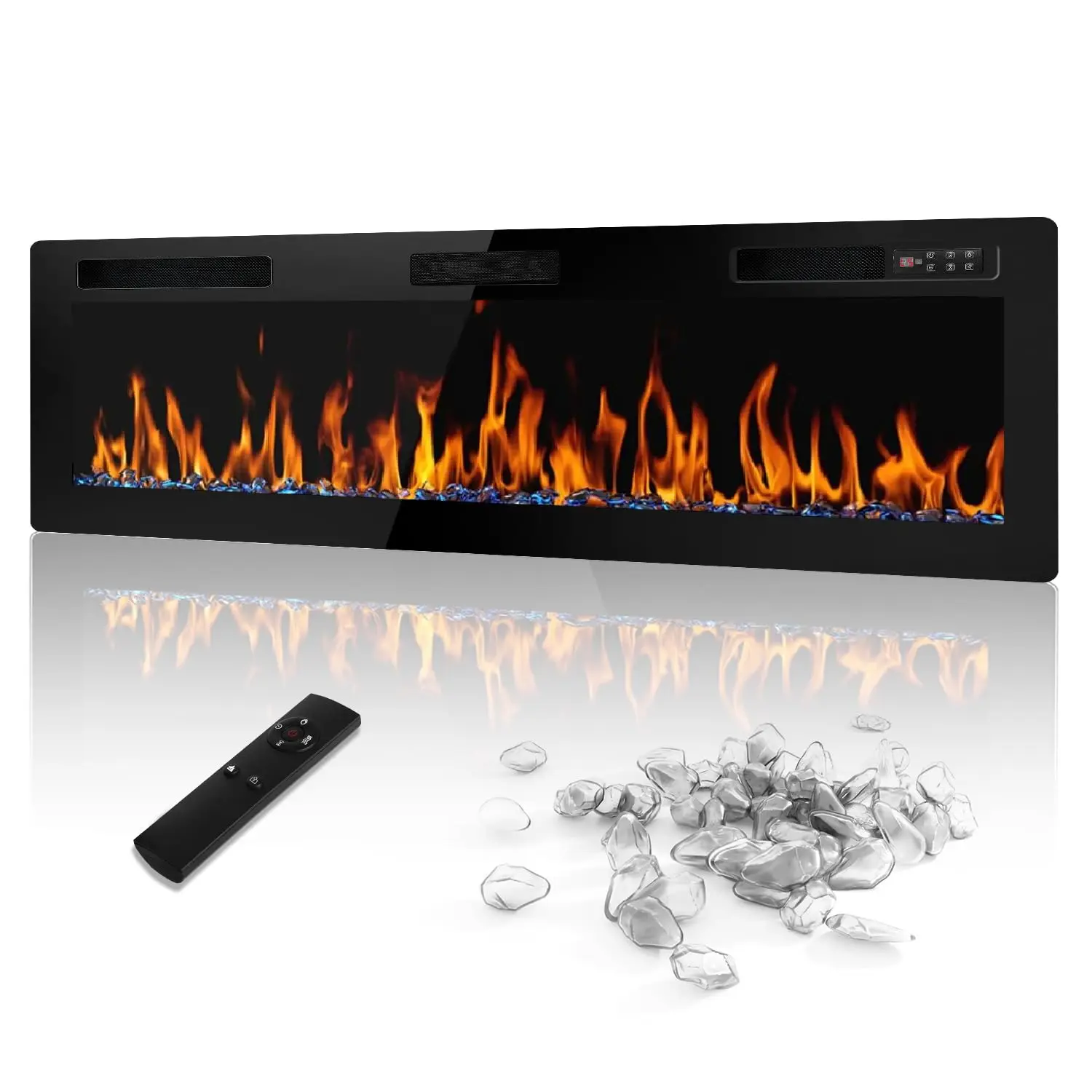 72 inch Ultra-Thin Electric Fireplace, Black | Recessed & wall mounted slim linear heater for 2x4 & 2x6 studs
