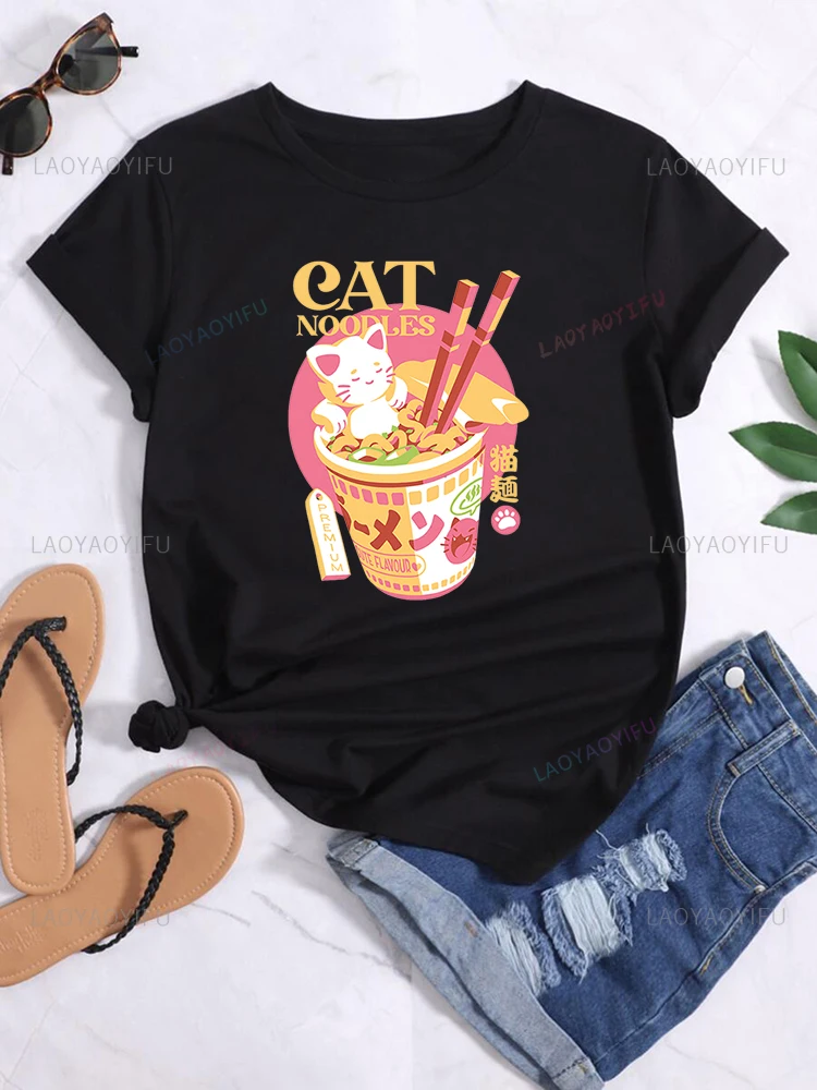 Kawaii Women T Shirt Cat Moodles Cute Graphic Tshirts Female Harajuku Anime Tops Ladies Summer Cotton Camisa Masculina