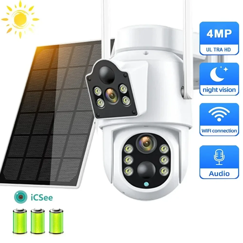 4MP Wifi Solar Camera Dual Lens Dual Screen Outdoor Security Protection PTZ Cam 7800mAh Battery PIR Human Detection ICSee App