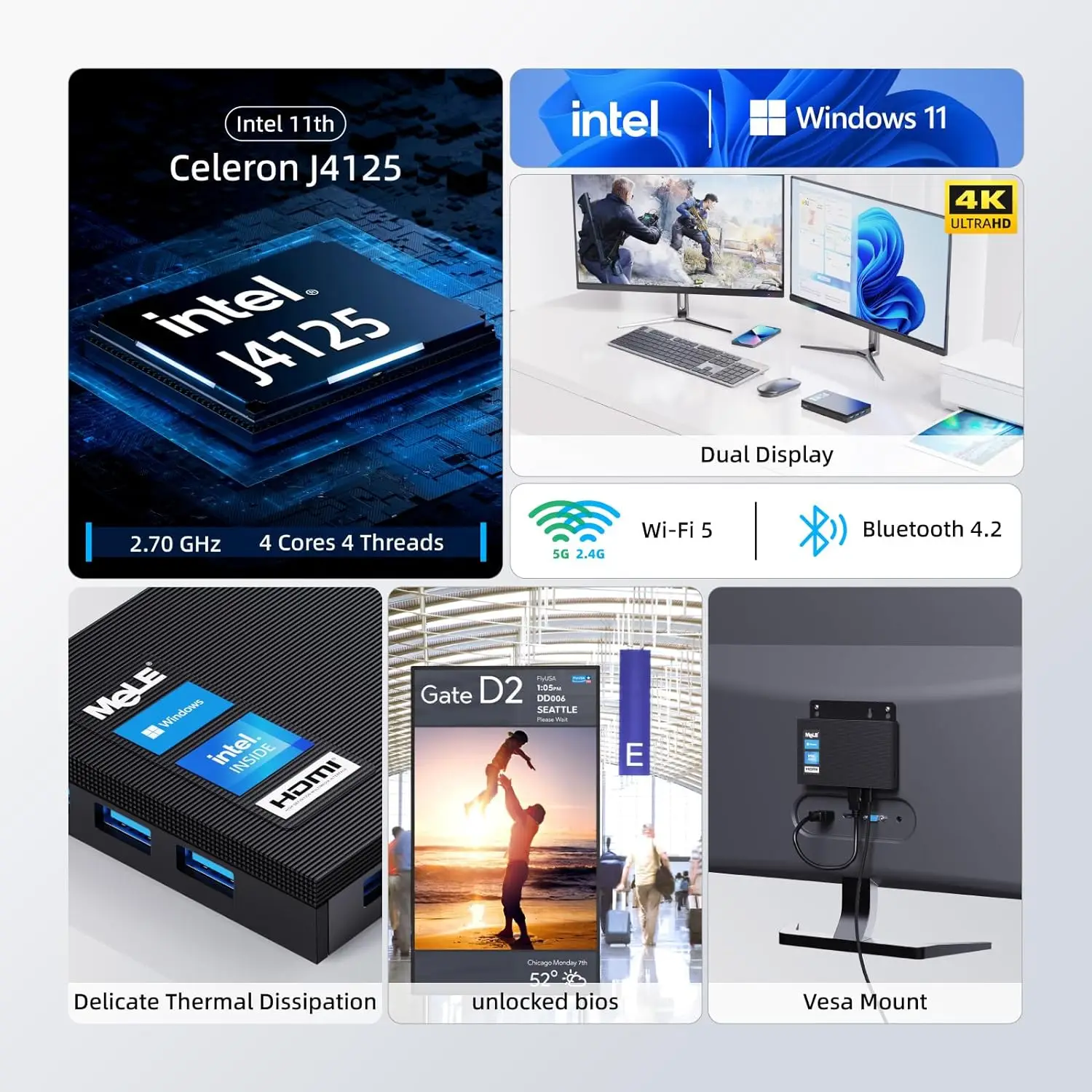 MeLE Ultra Slim Mini PC Intel Celeron J4125 8GB 256GB Windows 11 Pro Desktop Computer Dual HDMI 2.4G/5G Dual-band WiFi Quieter2Q