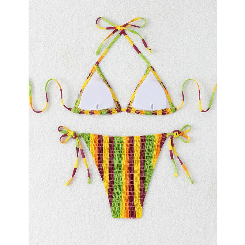 Sexy gravata halter listrado impressão enrugado micro biquinis define cintura alta tanga banho biquini conjunto de biquíni tankini beachwear