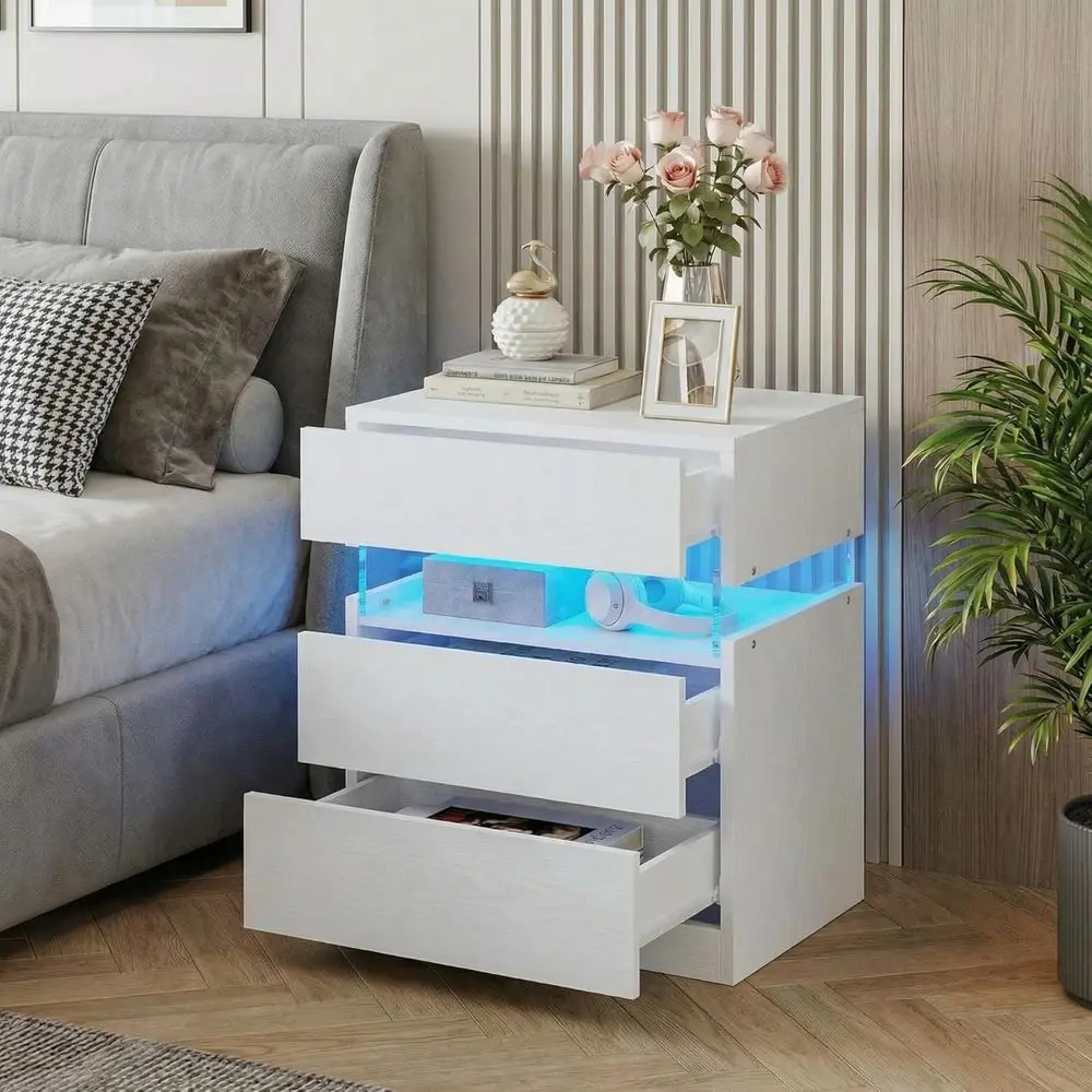 

Contemporary 3-Drawer Bedside Table with LED Nightstand, Storage End Table for Bedroom in White