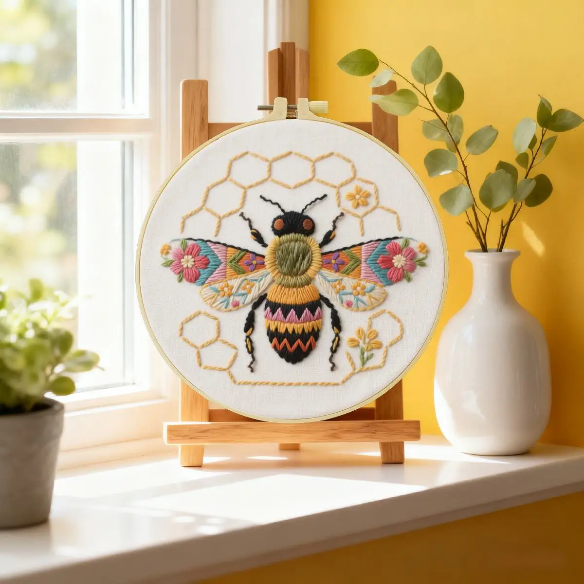 1 Stück 20x20 cm/15x15 cm 7,87/6,3 Zoll Bienen-Stickerei-Starter-Kit DIY-Kit DIY-Stickerei-Set Handarbeiten Heimdekorations-Set für Anfänger – Detail 1