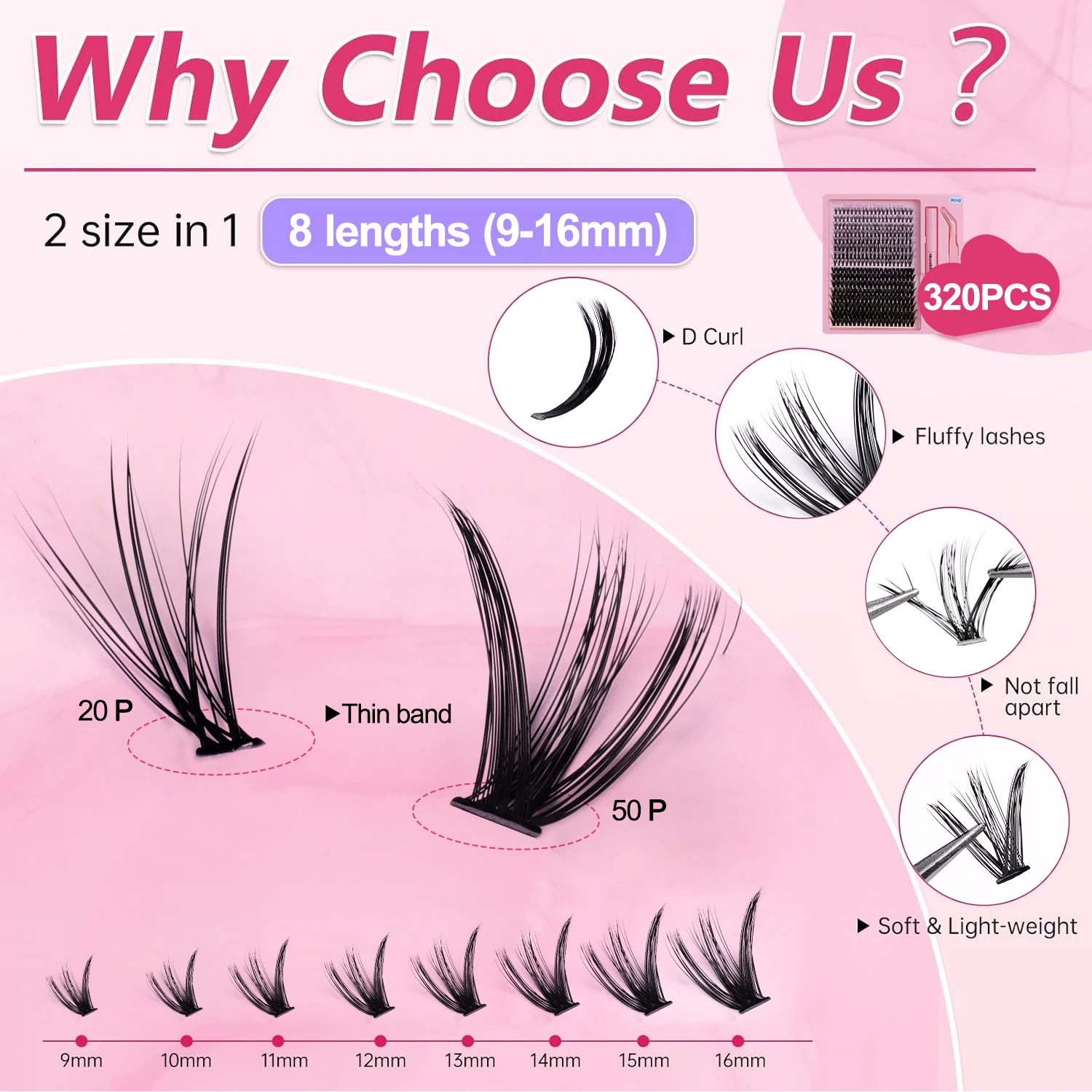 72H Hold False Eyelash Extension Kit - Segmented Mixed Lengths, Magnetic & Hypoallergenic with Tools Set