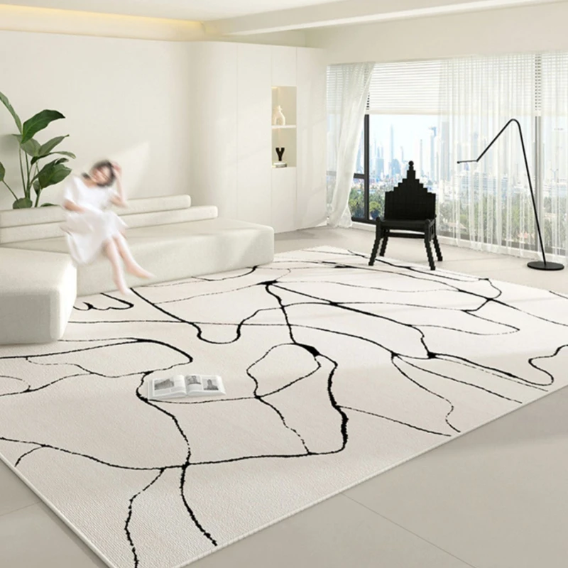 Minimalist Cream Rugs for Bedroom Washable Soft Floor Mat Modern Style Living Room Decoration Carpet Large Area Bedside Line Rug