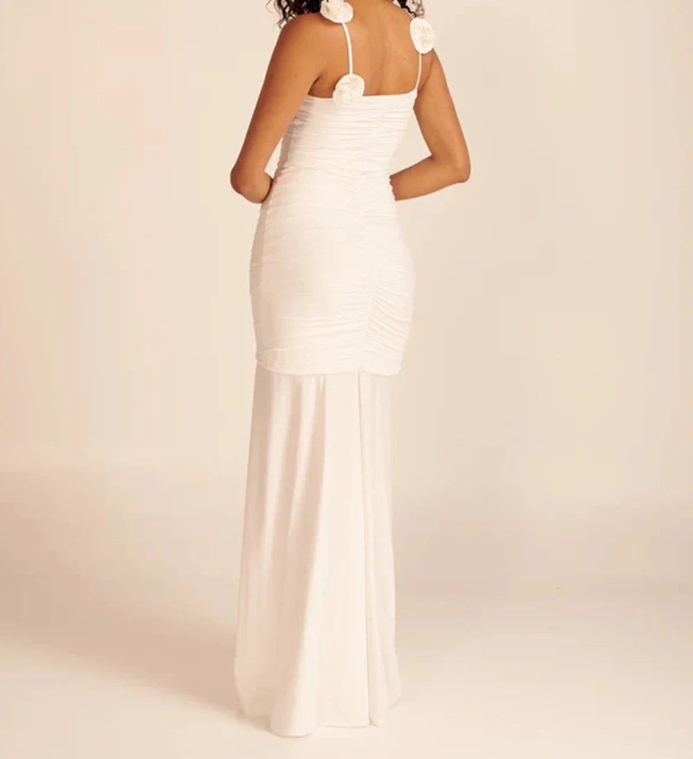 Biała kwiatowa spódnica na ramiączkach z lodowego jedwabiu, europejsko-amerykańska sukienka damska, długa, francuska, wyszczuplająca, podkreślająca biodra - GZXX369