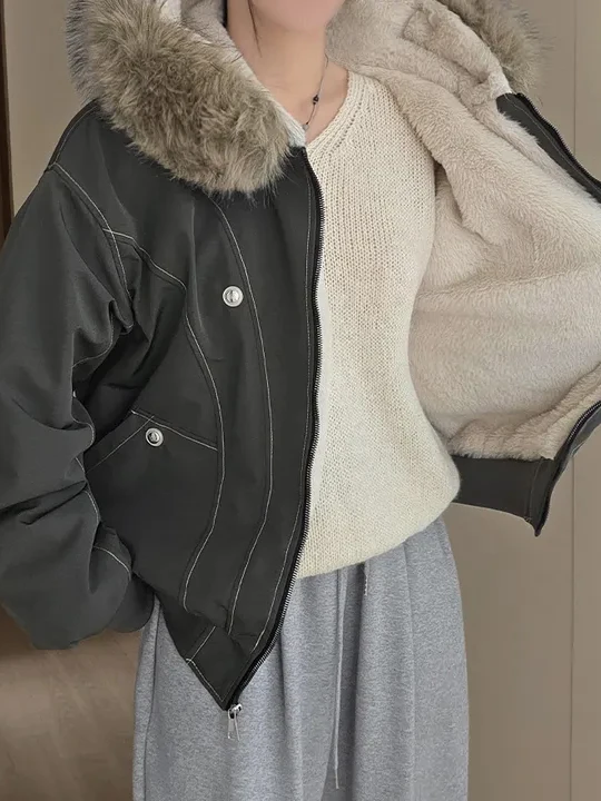 

Корейское женское пальто Sle ort Cotton Jaet с меховым воротником Long Sve Американская рабочая одежда Свободный дизайн Модная верхняя одежда