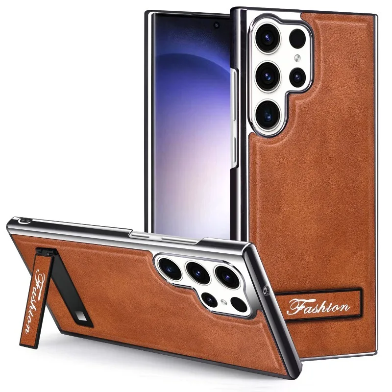 

Thin Leather Electroplated Invisible Stand Phone Case For Samsung Galaxy S22 S23 S24 Ultra Anti-fingerprints Seismic Cover