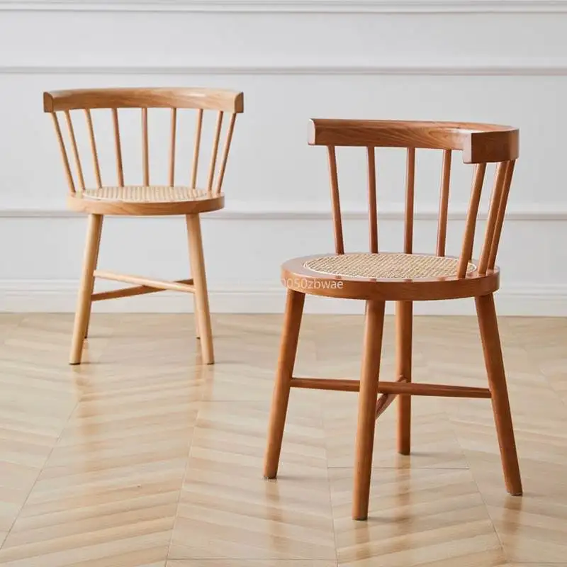 Nordic Japanese Style Solid Wood Wicker Windsor Dining Chair Home Retro Leisure Backrest Chair Solid Wood Wicker Round Chair