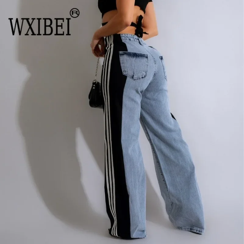 WXIBEI Casual Women Striped Denim Pants Buttons Pockets Long Loose Three Stripes Jeans High Street Outdoor Denim Capris Trousers