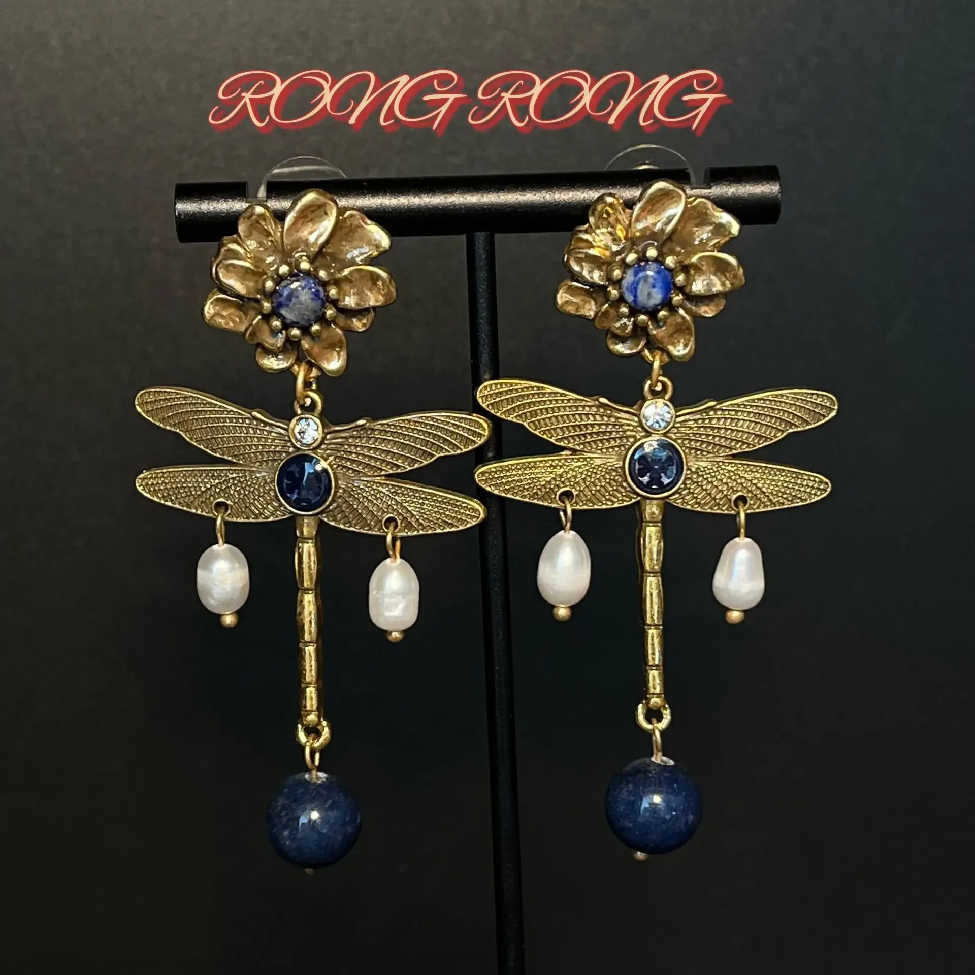 Antique Dragonfly Freshwater Pearl Earrings European and American Retro Personality Lapis Lazuli Exaggerated Vintage Earrings