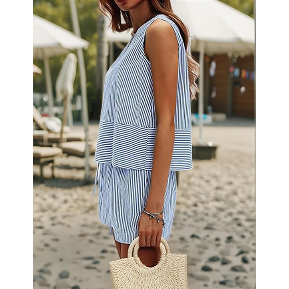 ABQR Women'S Summer 2 Piece Outfits Sleeveless Tank Top Matching Shorts Sets Cotton Striped Sweatsuits Blue S