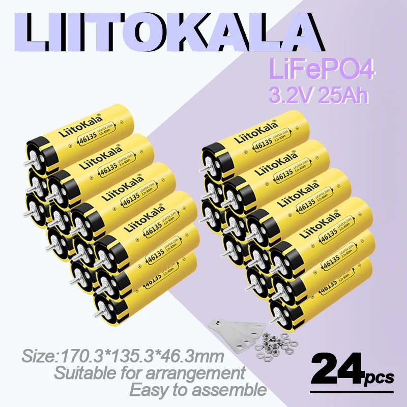 

24PCS LiitoKala 3.2V 25Ah LifePo4 battery high drain for diy 12V/24V/36V/48V Solar Inverter Electric Vehicle c oach golf cart