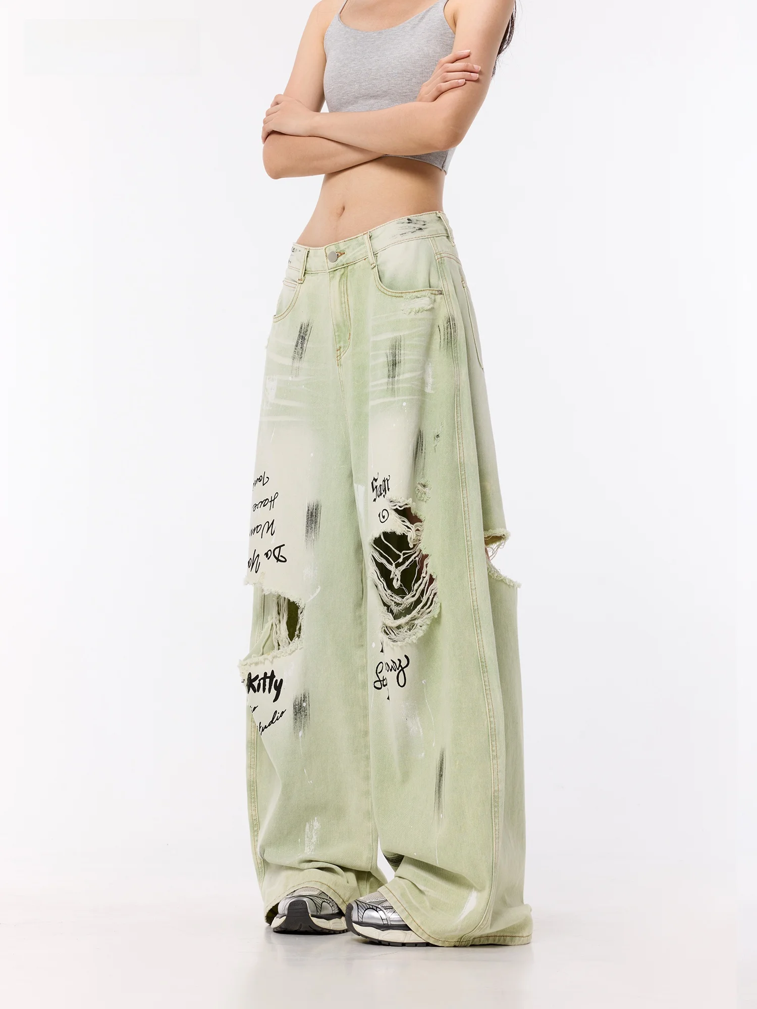 

Street Style Graffiti Hole Denim Jeans Women Summer Thin Loose Wide Leg Knife Pants Cool Drag Floor Casual Cotton Jeans