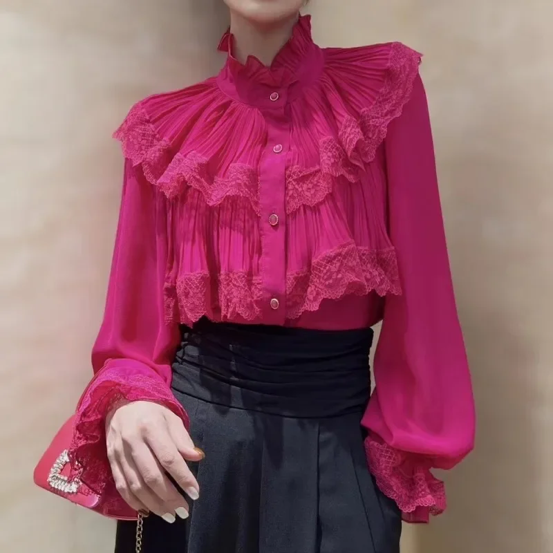 Spring Gentle Lace Shirt Patchwork Stand Up Collar with Bubble Sleeve Fashion Shirt for Women Clothes Elegant Blusas New 30493