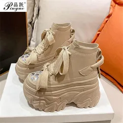 Woman Chunky Diamond Ankle Boots Winter Warm Motorcycle Boots 8CM Heels Soft Leather Sneakers size 34-39