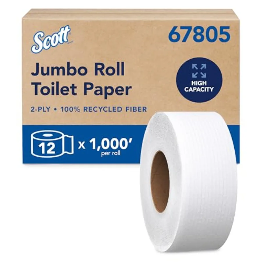 

100% Recycled Fiber High-Capacity Jumbo Roll Toilet Paper, Bulk 67805,2-Ply, Septic Safe, White, Non-Perforated (12 Rolls at 1,