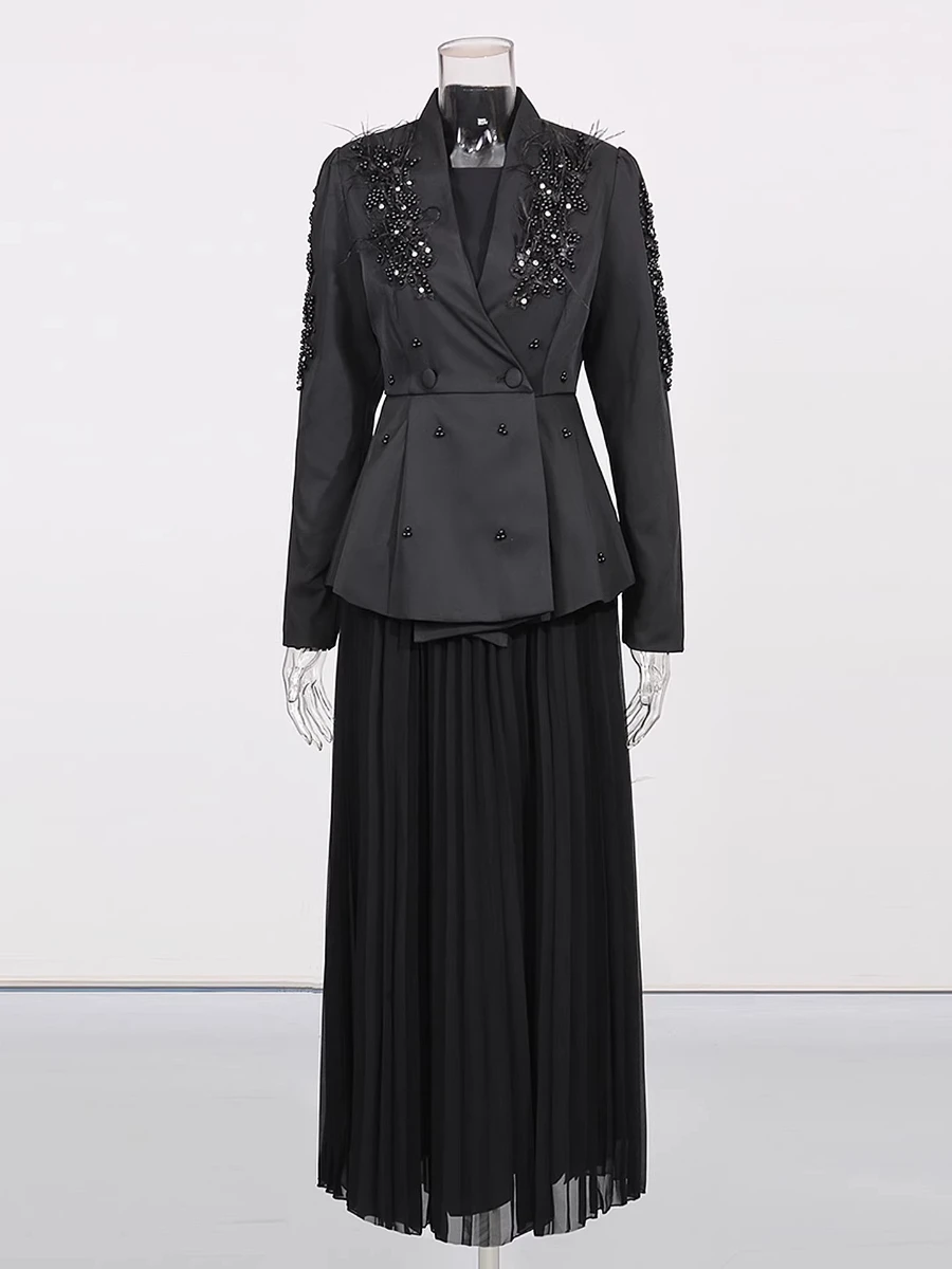 CHICEVER Solid Spliced Beads Two Piece Set Female V Neck Long Sleeve Jacket Luxury Commute Women's Dress Sets Fashion Style New view 2