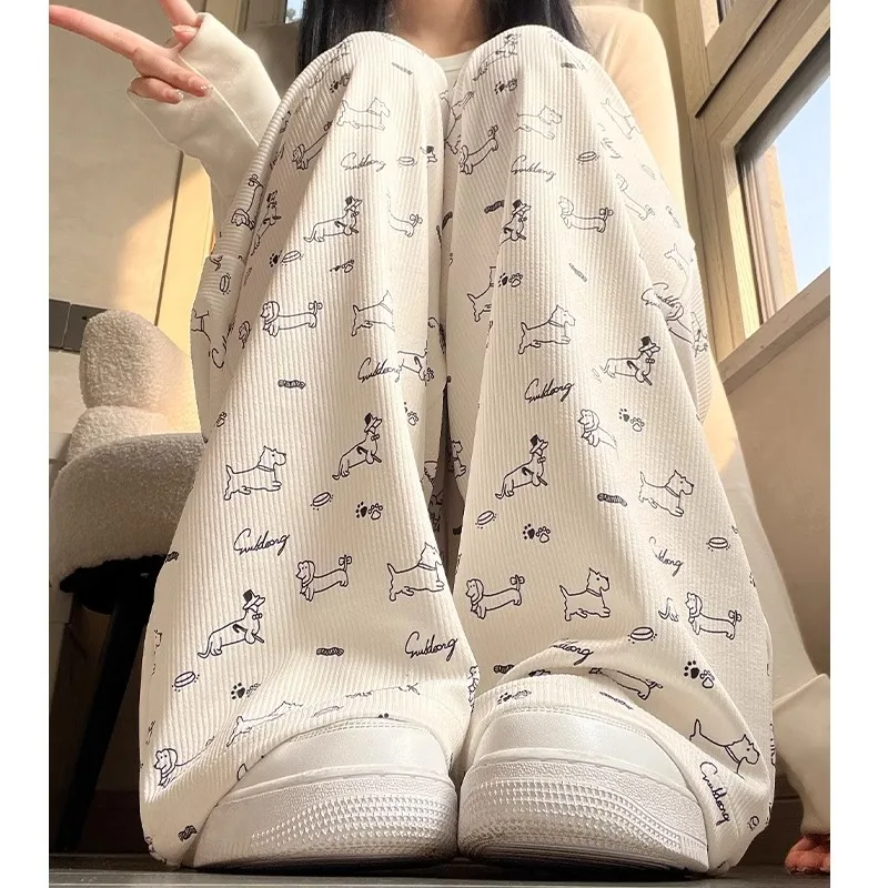 Japanese Culture Cute Dog Printed Pants Summer New Kawaii Graffiti Pants Loose Casual Women's Fashion Straight Pants