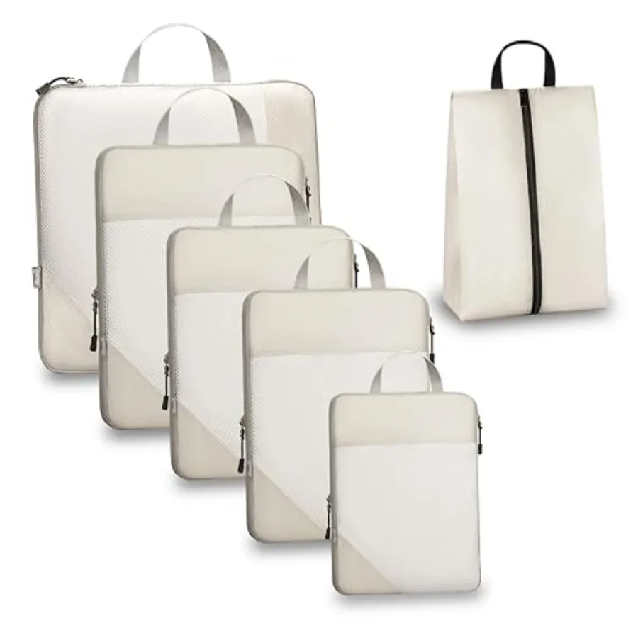 

Compression Packing Cubes for Travel Set of 6 Expandable Luggage Organizers with White Mesh Lightweight Polyester Ox Suitcase E