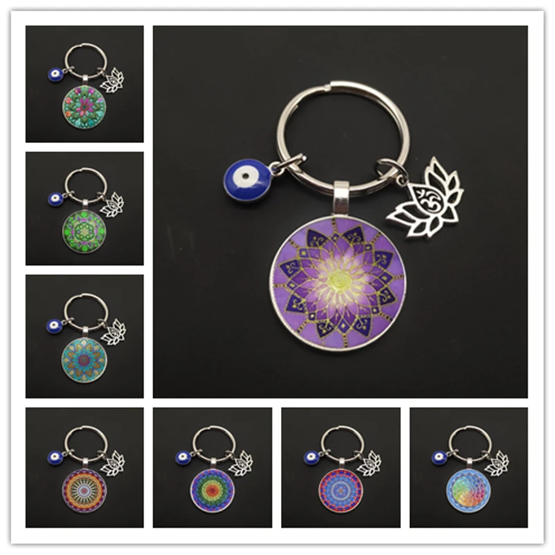 Creative Retro Glass Dome Keychain Buddhist Chakra Keychain Jewelry Indian Yoga Mandala Keychain