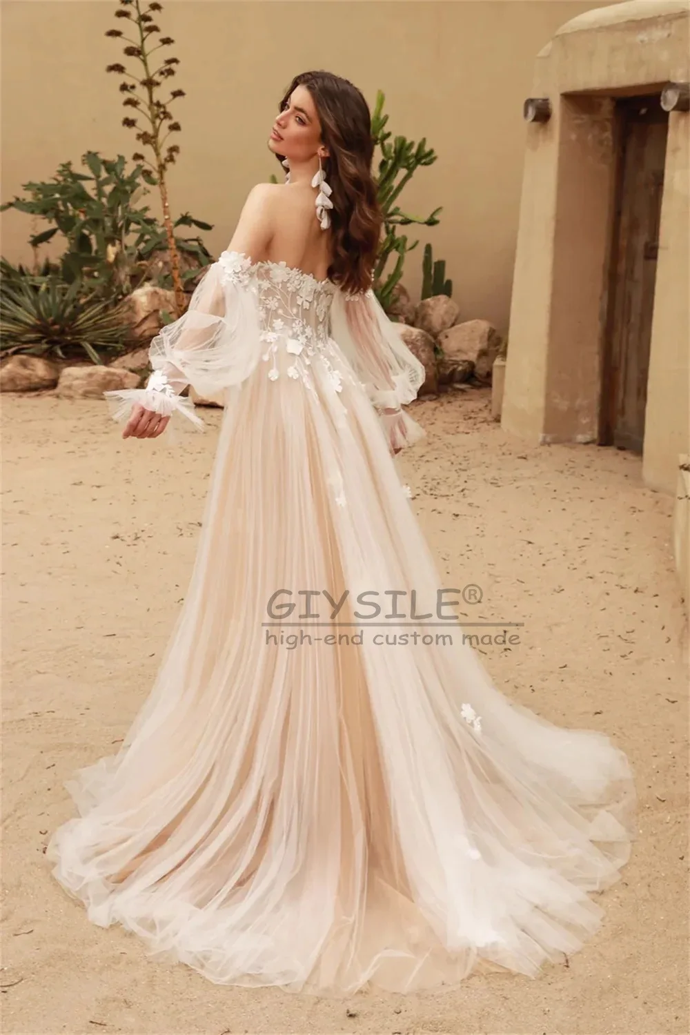 GIYSILE Customized Classic Wedding Dress Off Shoulder Half Sleeves V-Neck Applique Long Dress Woman Bridal Gowns robe de mariage