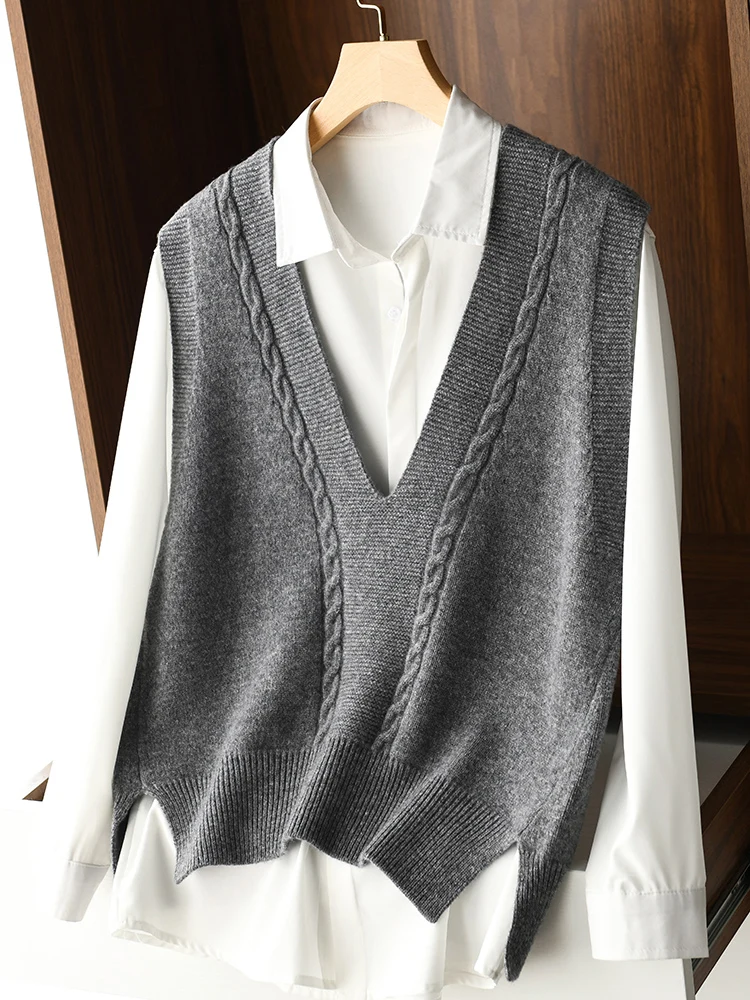 

Cable Stitch Soft V-neck Women's Vest 100% Merino Wool Simple Solid Color Basic Preppy Style Regular Fit Sweater Tops