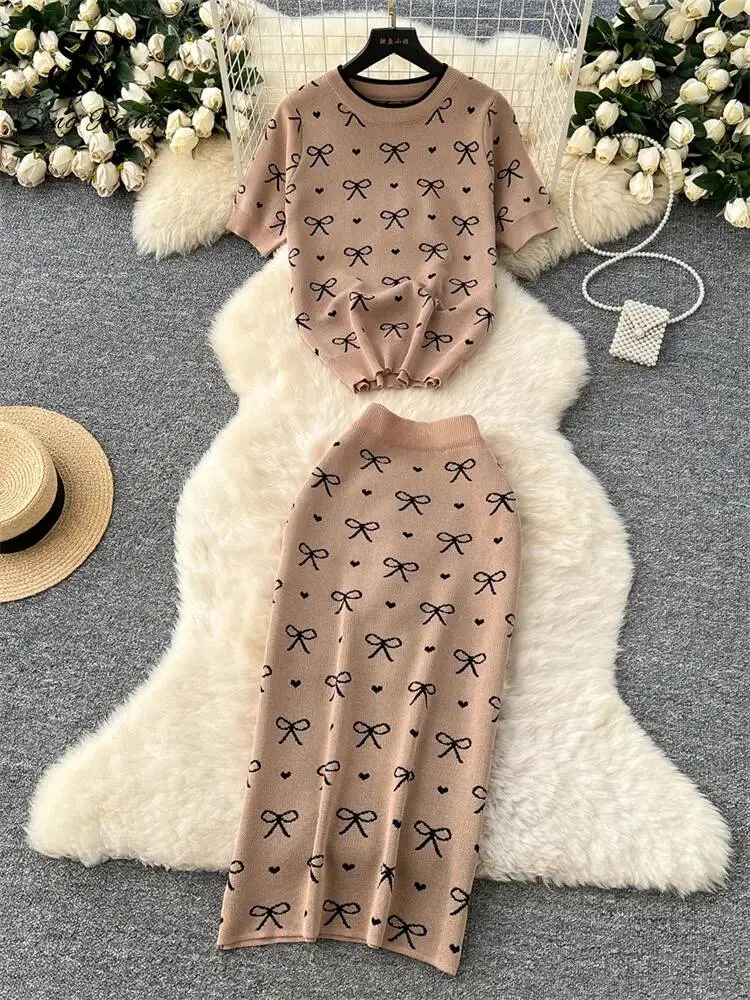 Newest Summer Knitting Suits O Neck Basic Tops+High Waist Sheath Long Skirt Bow Print Chic Casual Women 2pcs Sets