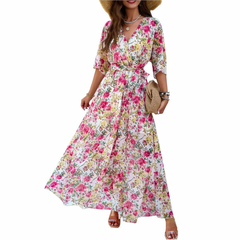 

Women's Summer Long Dress Elegant Printed Midi Dresses Fashion V Neck A Line Dresses Summer Seaside Vacation Clothing for Women