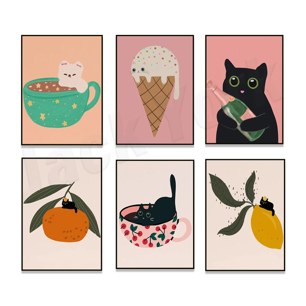 Cute cat, lemon tree lemonade lemon cake, champagne bottle, ice cream cat, strawberry roll cake poster, black cat aesthetic art