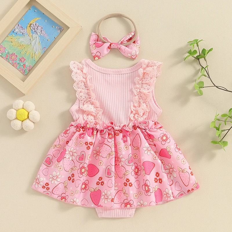 2pcs Infant Baby Clothing Girls Romper Dress Flower Strawberry Print Front Bowknot Romper Jumpsuit Headband For Newborn Clothes