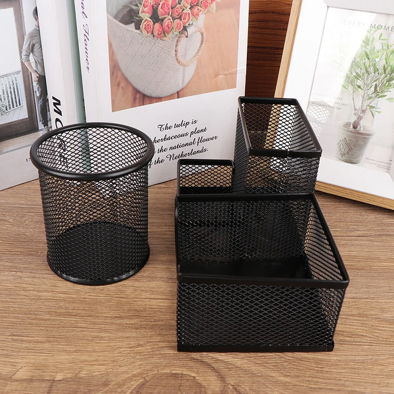 Hollow Out Round Pencil Storage Rack, 3 Grid Metal Pen Holder, Organizador de papelaria, Preto, Escritório da escola, Criativo