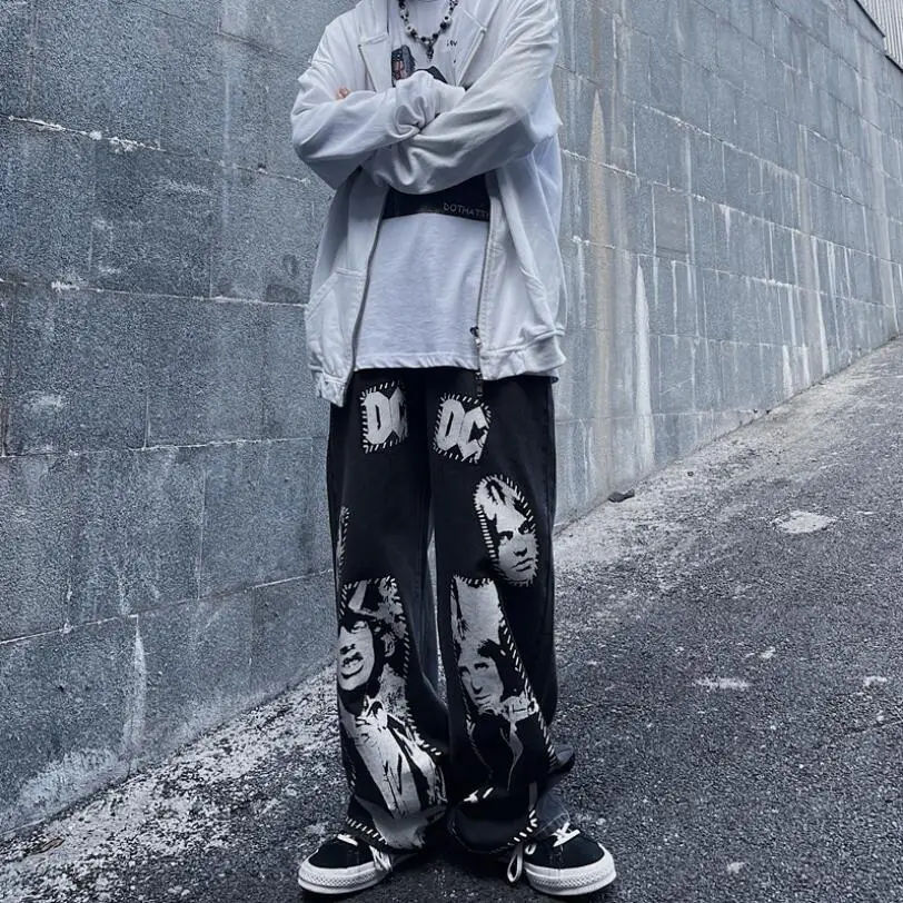 Hip Hop Patch Men Jeans 2022 Autumn High Street Print Wide Leg Baggy Jeans Straight Trousers Pantalones Hombre w48