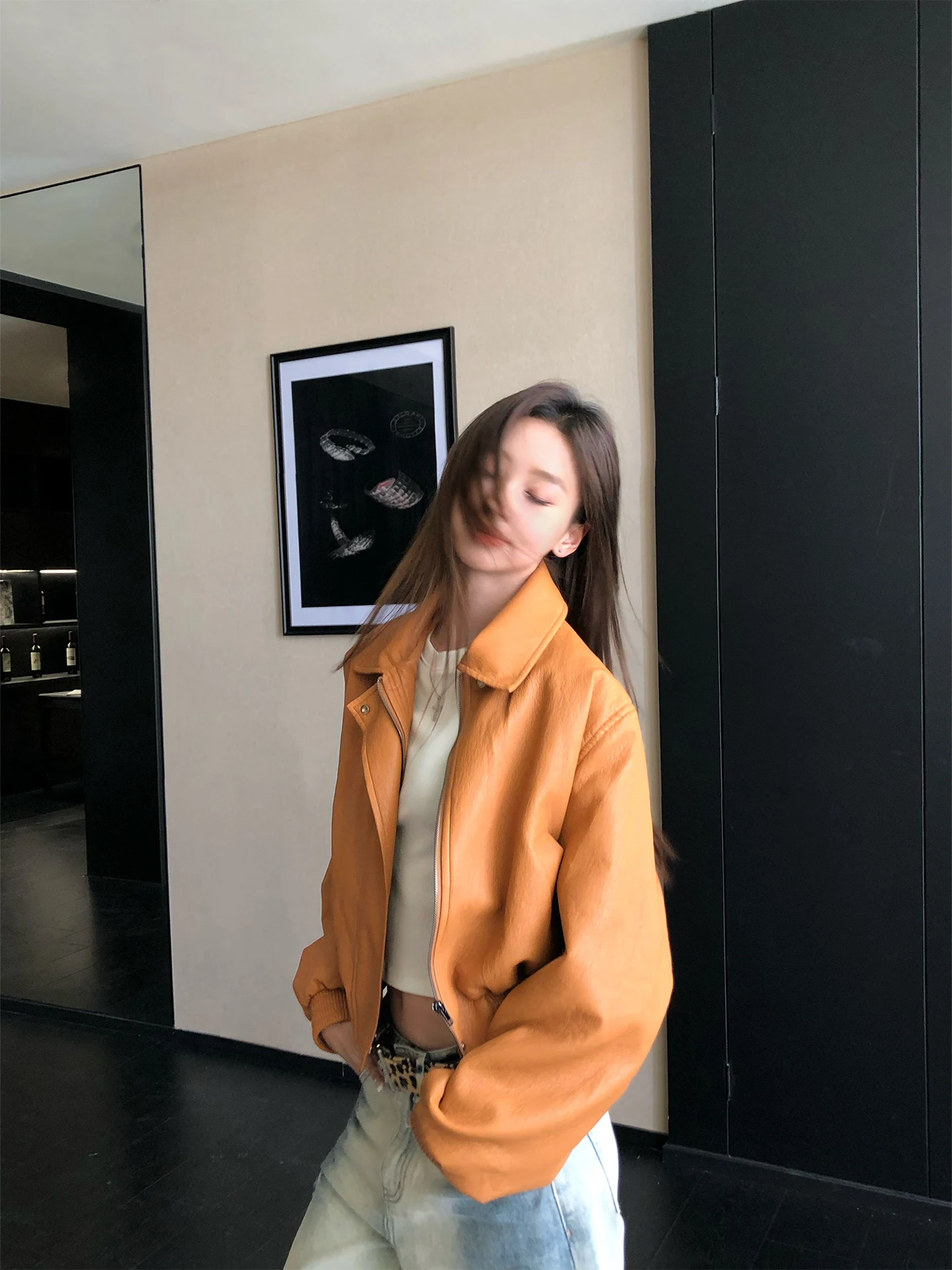 

Retro Collar PU Leather Jaet Women's ort Casual American Sle Coat Zipper Loose Fit Long Sve Youth Faion Autumn 2025