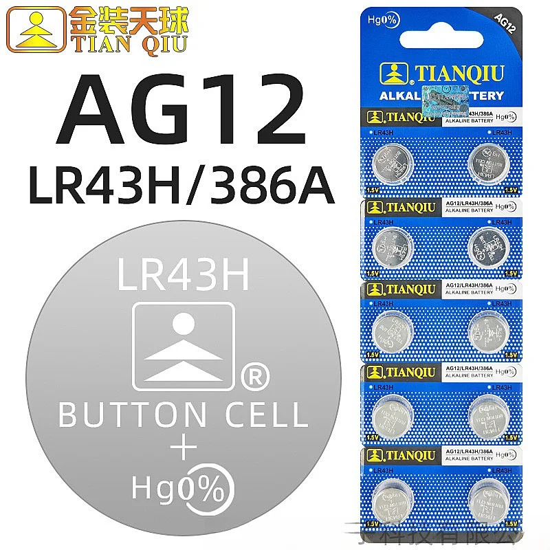 Batteria TIANQIU AG12 L1142 LR43 301 386 Batterie alcalinità 1,5 V Batteria a bottone di protezione ambientale per batteria dell'orologio