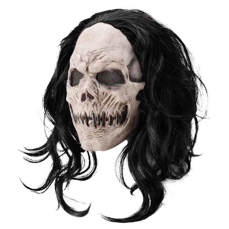 Realistische Vollkopf-Totenkopfmaske Gruselige Latex-Skelettmaske mit Langen Haaren Geister-Halloween-Cosplay für Erwachsene – Detail 5