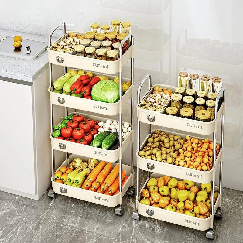 

High-Capacity Vegetable Basket Multi-Layer Stainless Steel Spice Rack High Guardrail Kitchen Cart Pulley Storage Shelf Hot Sale