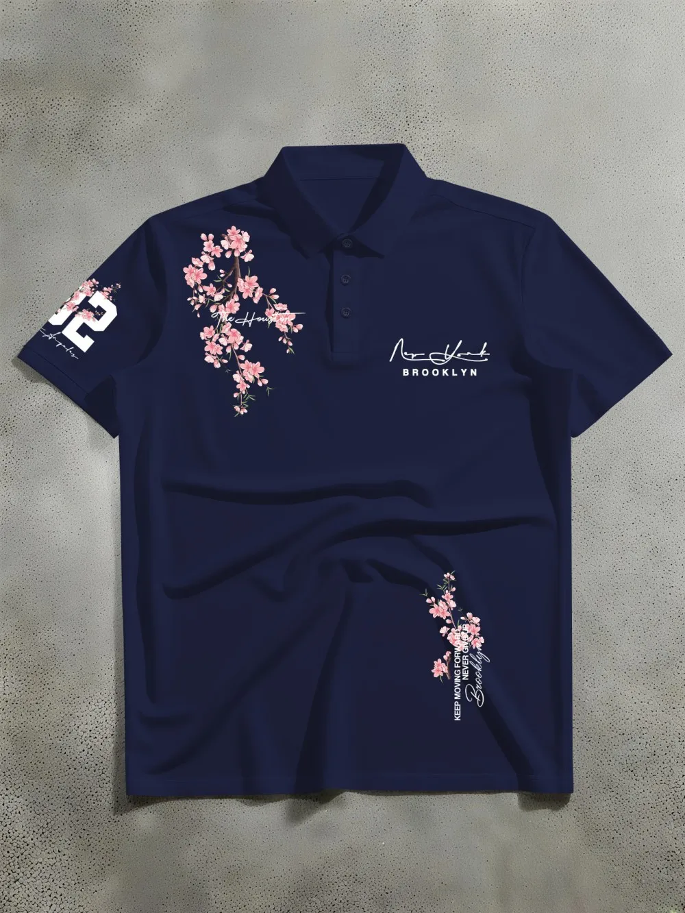 Amerikanisches Herren-Sommer-Polo-T-Shirt mit Kirschblüten- und Brooklyn-Buchstaben-Print, weich, atmungsaktiv, kurzärmelig, für Outdoor und Freizeit – Detail 10