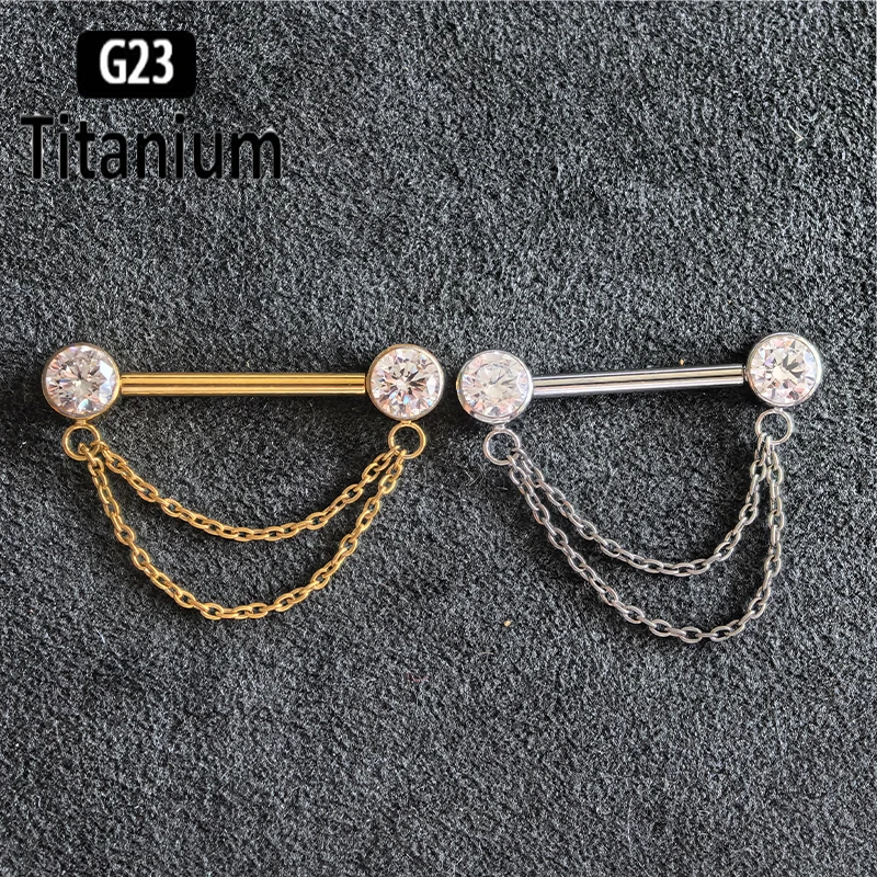 G23 Titanium Nipple Piercing Jewelry CZ With Chain Bezel Tongue Nipple Bars Piercing for Breasts Sexy Piercing Mamilo for Women