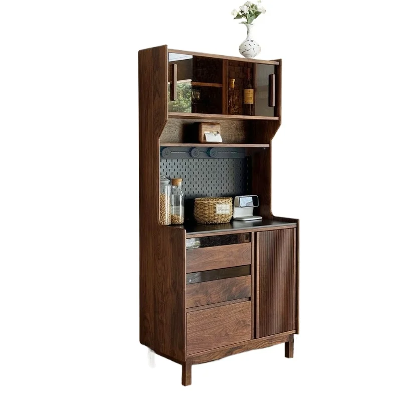 

North American black walnut dining side cabinet integrated against the wall, solid wood storage side cabinet
