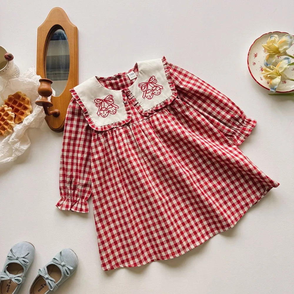 Korean Version Autumn Sweet and Cute Red Checkered Lapel Strawberry Embroidery Long Sleeved Casual Dress for Girls Aged 2-7