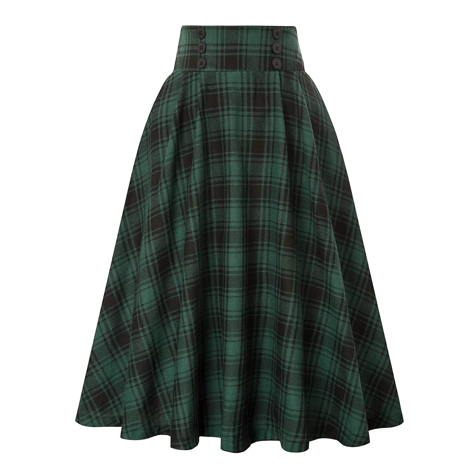 Hochtaillierter karierter Midi-Rock mit weitem Bein für Herbst und Winter, modischer Damenrock in A-Linie mit lockerer Taille und Karomuster. – Detail 7