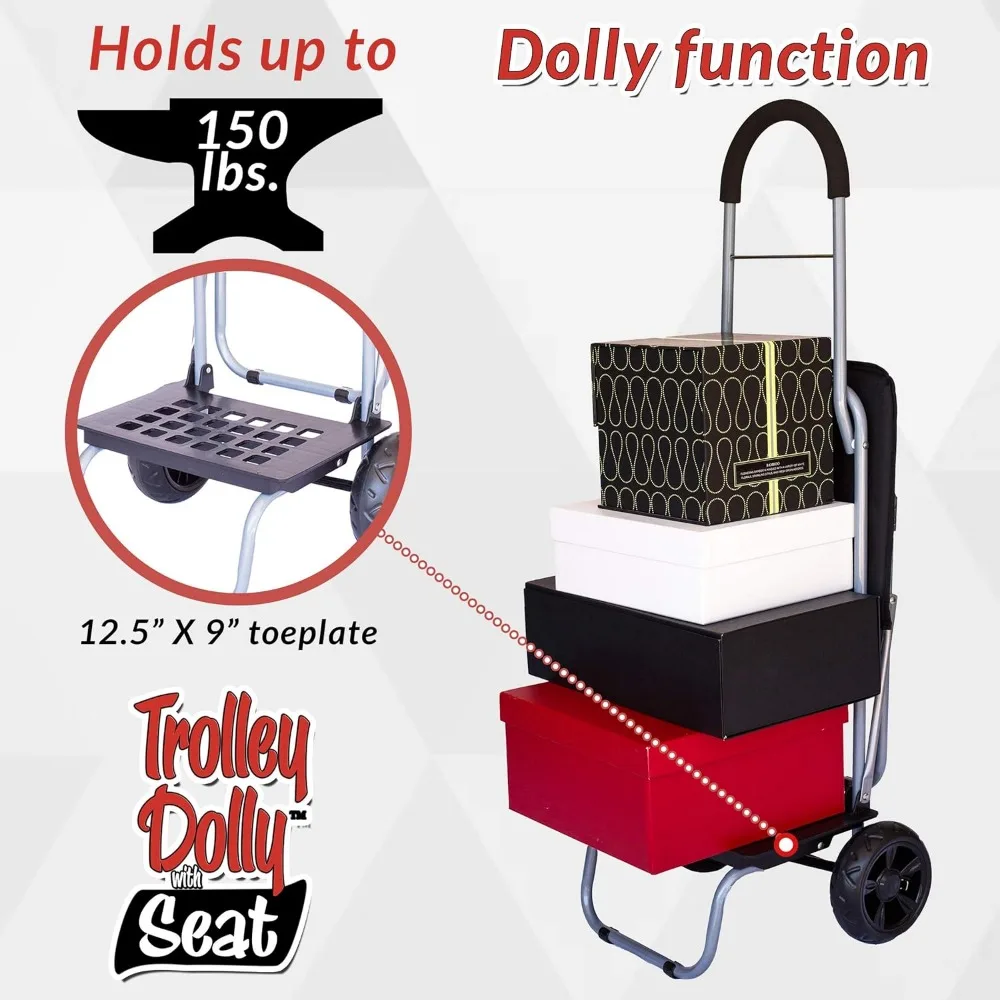 Trolley Dolly with Seat, Black Shopping Grocery Foldable Cart Tailgate