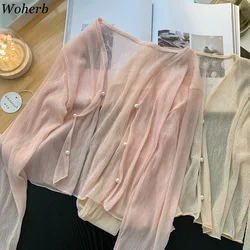 2024 Knitted Thin Sweater Cardigan Women Long Sleeve Pearl V-neck Sueter Mujer Summer Vintage Sweet See Through Cropped Jackets