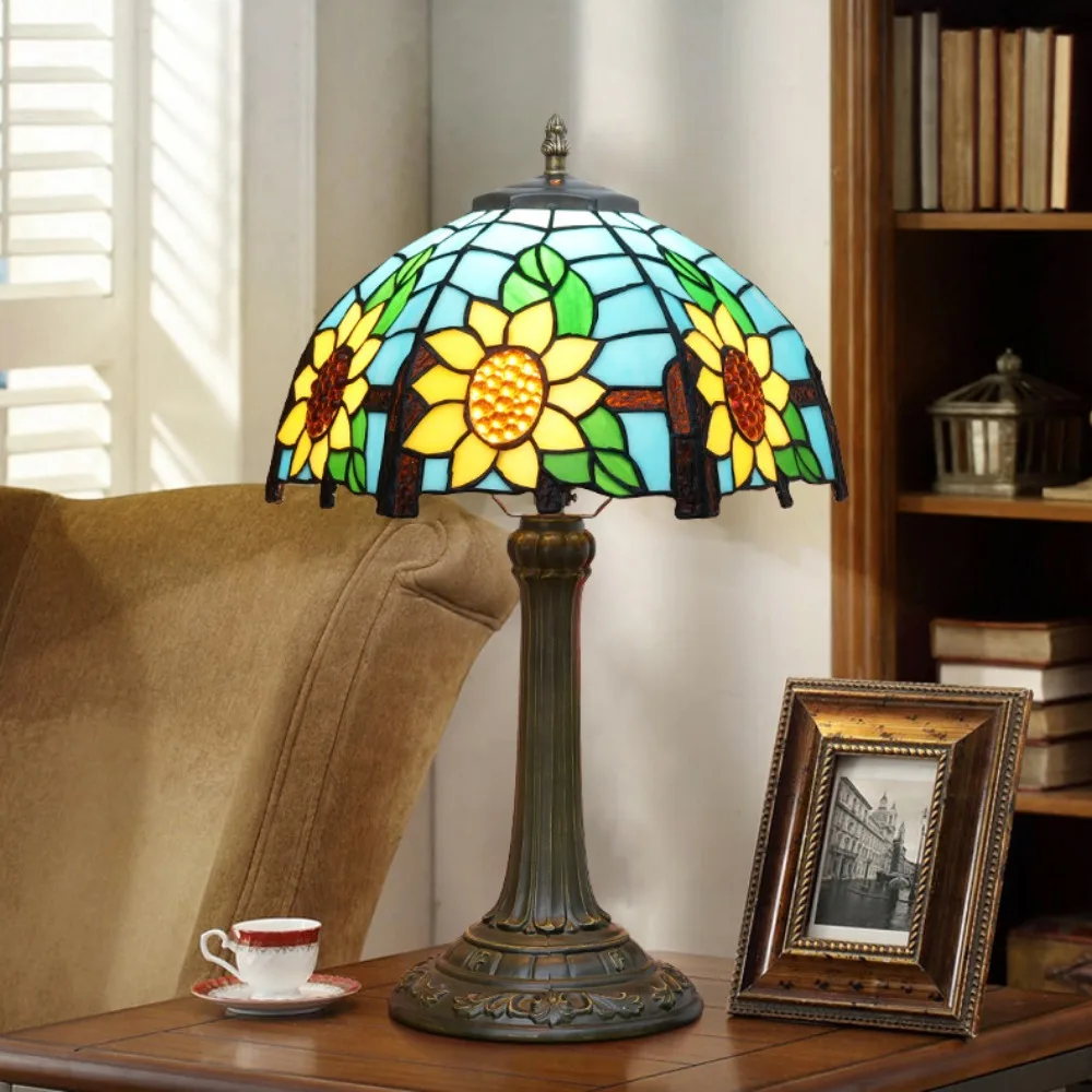 12inch 30cm Stained Glass Lamps Pastoral Sunflower Style Tiffany Mosaic Desk Lamp Household Living Room Sofa Table Lamp